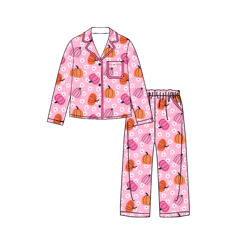 ( Moq 5 ) Preorder Adult Women Pumpkins Flower Buttons Shirt Pockets Pants Pink Pajamas Set Fall Clothes