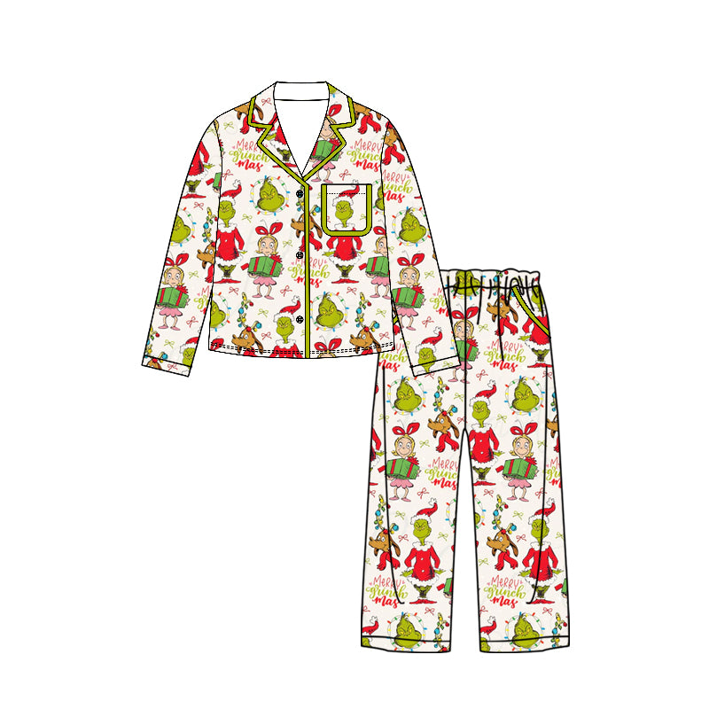 ( Moq 5 ) Preorder Adult Women Christmas Green Face Buttons Shirt Pockets Pants Pajamas Set Clothes