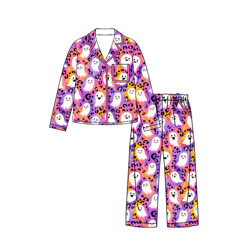 ( Moq 5 ) Preorder Adult Women Halloween Ghosts Leopard Buttons Shirt Pockets Pants Pajamas Set Clothes