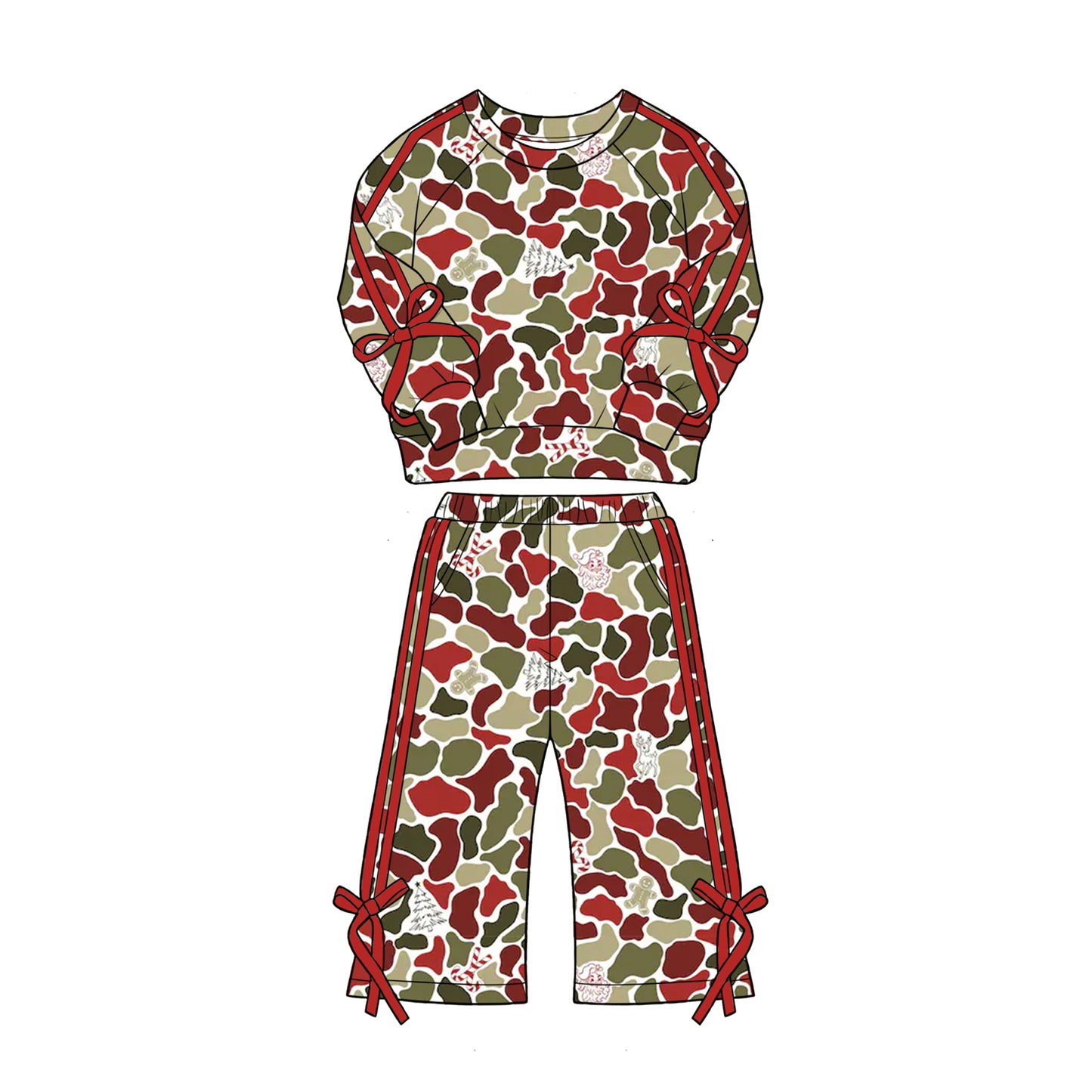 ( Moq 5 ) Preorder Baby Girls Kids Christmas Camo Red Bows Shirt Pockets Pants Set Clothes