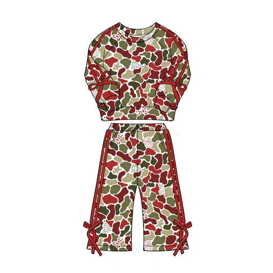 ( Moq 5 ) Preorder Baby Girls Kids Christmas Camo Red Bows Shirt Pockets Pants Set Clothes