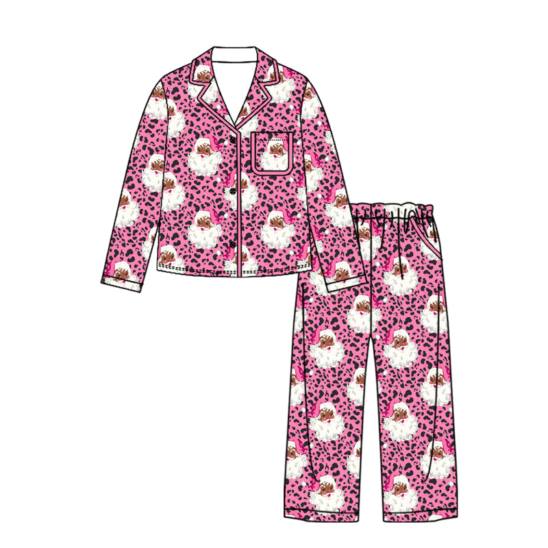 ( Moq 5 ) Preorder Adult Women Christmas Santa Leopard Buttons Shirt Pockets Pants Pajamas Set Clothes