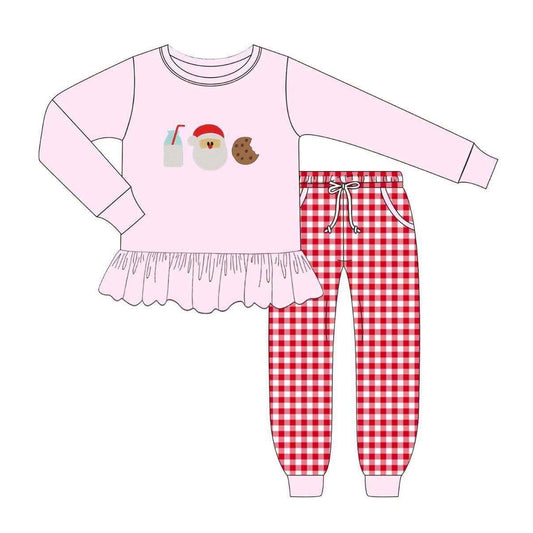 ( Moq 5 ) Preorder Baby Girl Kids Santa Cookie Christmas Pink Shirt Plaid Pockets Pants Set Clothes