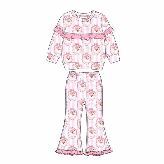 ( Moq 5 ) Preorder Baby Girls Kids Christmas Santa Bows Ruffle Shirt Bell Pants Pink Set Clothes