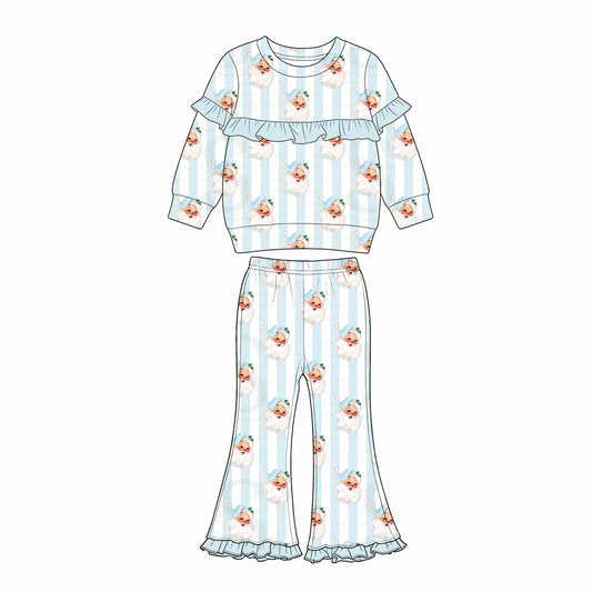 ( Moq 5 ) Preorder Baby Girls Kids Christmas Santa Blue Ruffle Shirt Bell Pants Set Clothes