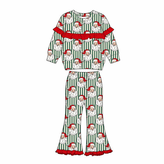 ( Moq 5 ) Preorder Baby Girls Kids Christmas Santa Stripes Ruffle Shirt Bell Pants Set Clothes