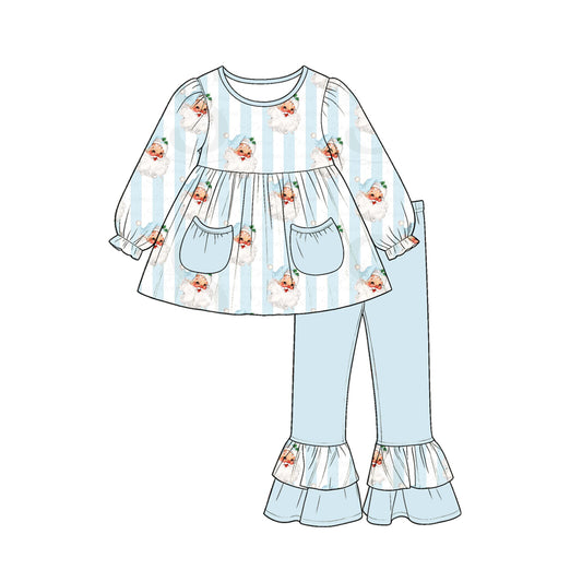 ( Moq 5 ) Preorder Baby Girl Kids Christmas Santa Stripes Pockets Tunic Blue Ruffle Pants Set Clothes