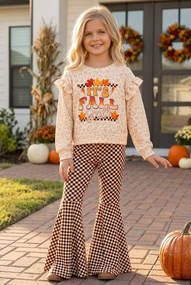 ( Moq 5 ) Preorder Baby Girls Kids Long Sleeves Leopard Shirt Plaid Bell Pants Fall Set Clothes