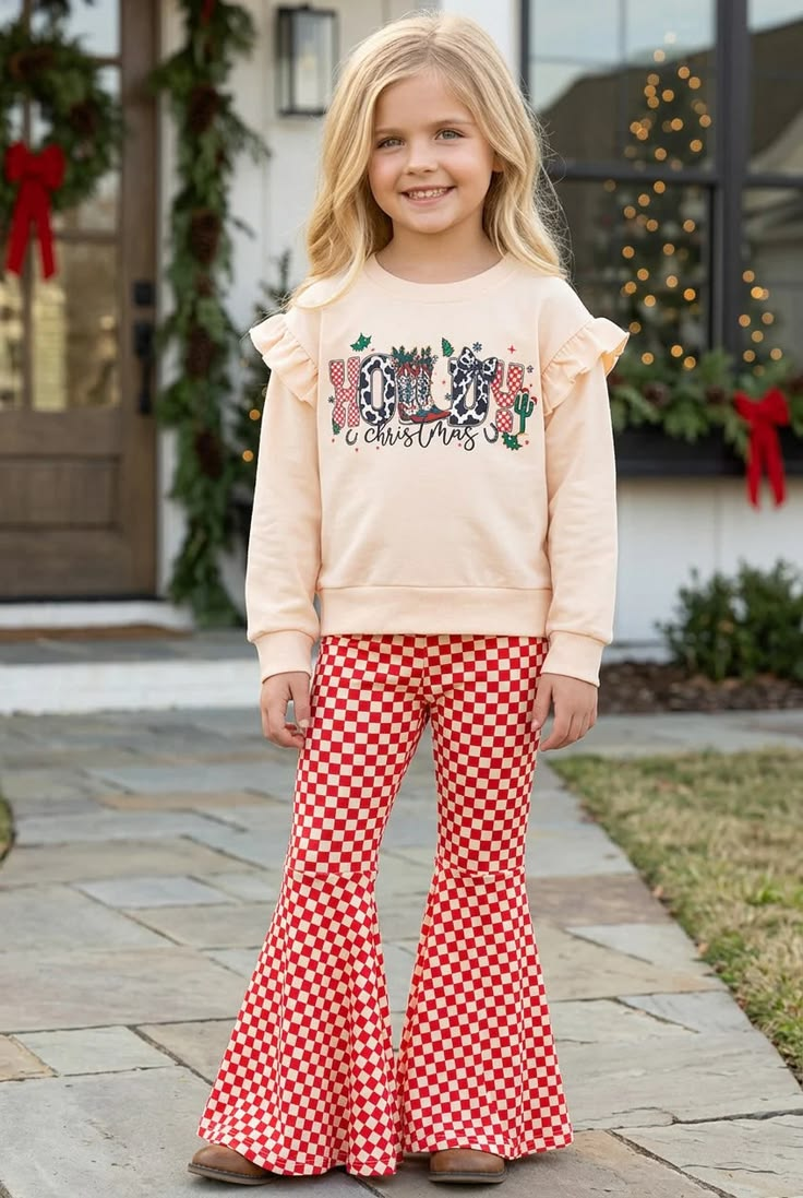 ( Moq 5 ) Preorder Baby Girls Kids Long Sleeves Howdy Christmas Shirt Plaid Set Clothes