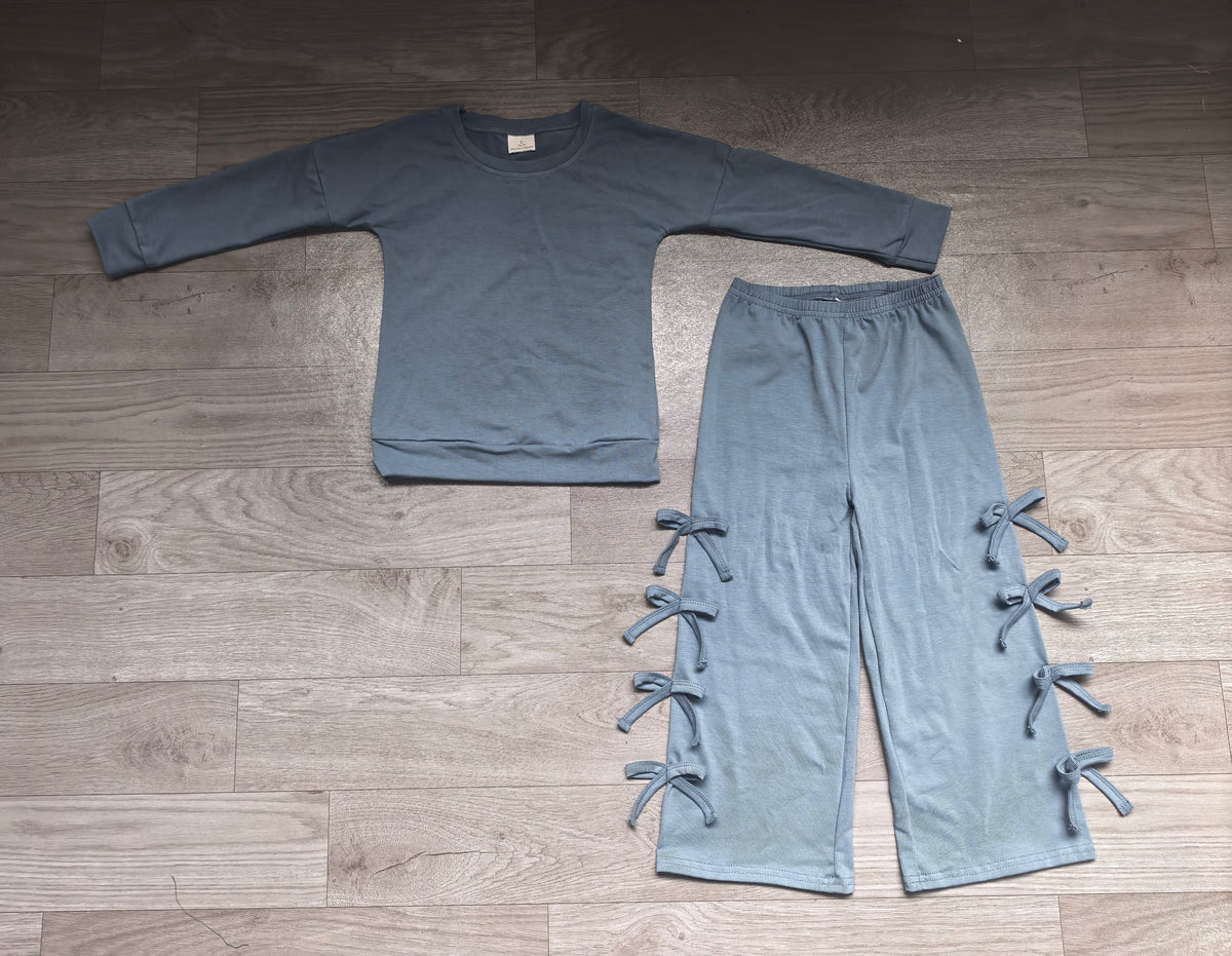 ( No moq ) Preorder Baby Girls Kids Long Sleeves Blue Shirt Bows Pants Set Cotton Clothes