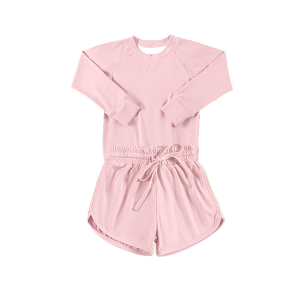 Preorder Baby Girl Toddler Pink Long Sleeves Yoga Shirt Shorts Athletic Clothes Set ( Moq 5 )