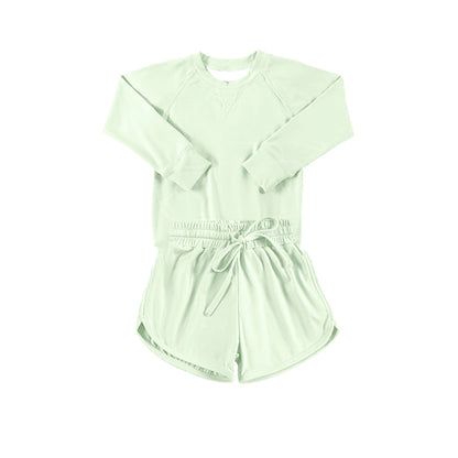 Preorder Baby Girl Toddler Green Long Sleeves Yoga Shirt Shorts Athletic Clothes Set ( Moq 5 )