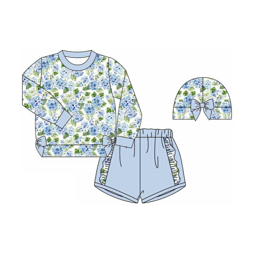 ( Moq 5 ) Preorder Girls Kids Flower Bows Shirt Blue Ruffle Shorts Clothes Set