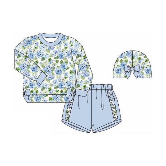 ( Moq 5 ) Preorder Girls Kids Flower Bows Shirt Blue Ruffle Shorts Clothes Set