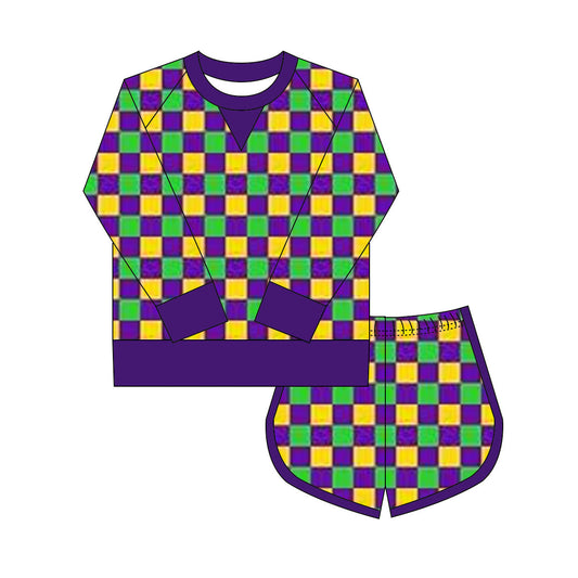 ( Moq 5 ) Preorder Girls Kids Long Sleeves Shirt Shorts Mardi Gras Yoga Active Checked Set
