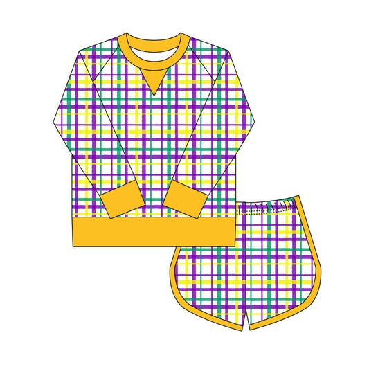 ( Moq 5 ) Preorder Girls Kids Long Sleeves Shirt Shorts  Mardi Gras Yoga Active Plaid Set