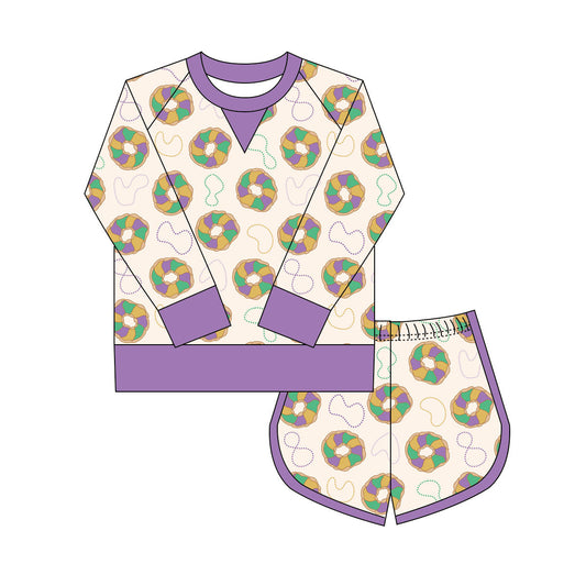 ( Moq 5 ) Preorder Girls Kids Long Sleeves Donuts Shirt Shorts  Mardi Gras Yoga Active Set