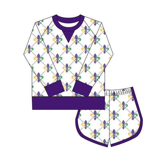 ( Moq 5 ) Preorder Girls Kids Long Sleeves Anchors Shirt Shorts Mardi Gras Yoga Active Set