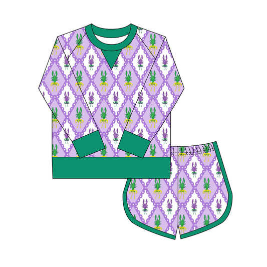 ( Moq 5 ) Preorder Girls Kids Long Sleeves Crawfish Shirt Shorts  Mardi Gras Yoga Active Purple Set