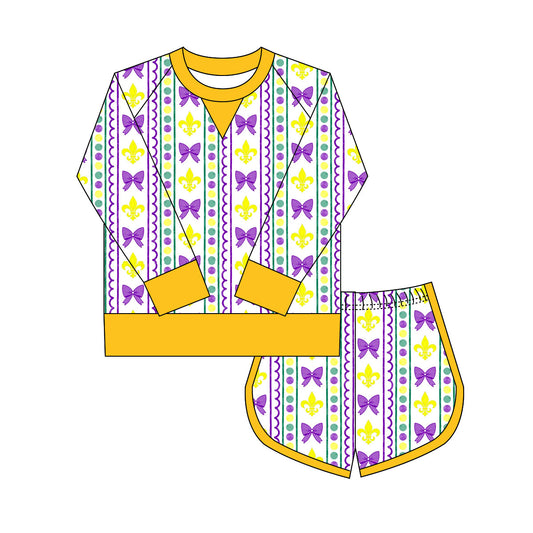 ( Moq 5 ) Preorder Girls Kids Long Sleeves Anchors Bows Shirt Shorts  Mardi Gras Yoga Active Set
