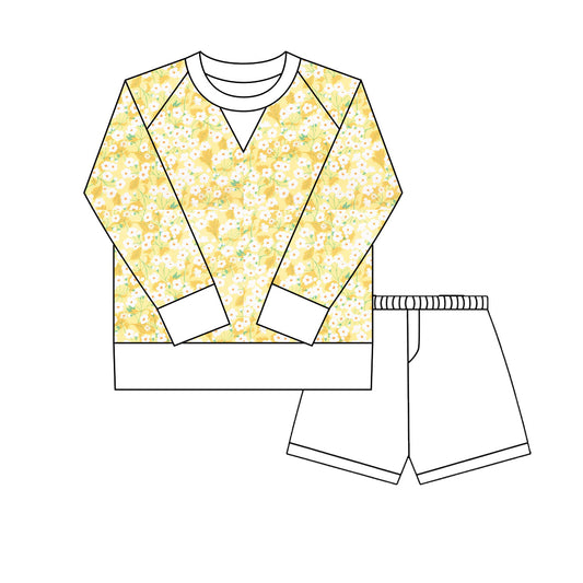 ( Moq 5 ) Preorder Girls Kids Long Sleeves Yellow Flower Shirt White Shorts Yoga Active Set