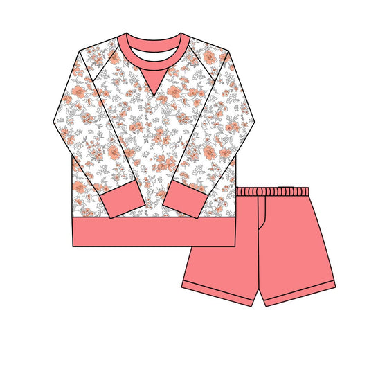 ( Moq 5 ) Preorder Girls Kids Long Sleeves Flower Tops Pink Shorts Yoga Active Set