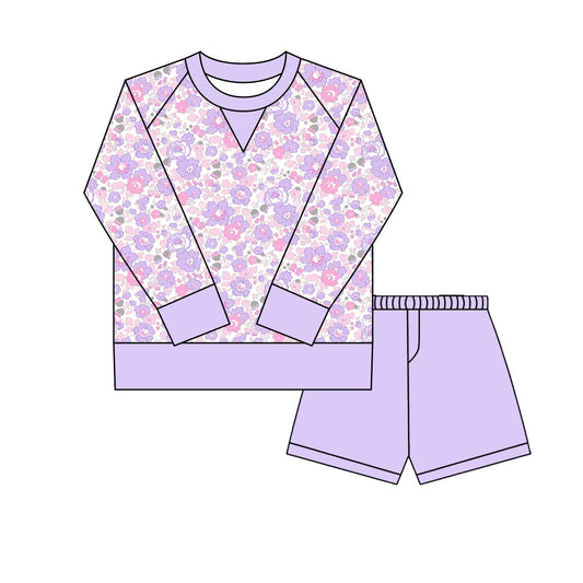 ( Moq 5 ) Preorder Girls Kids Long Sleeves Flower Shirt Purple Shorts Yoga Active Set