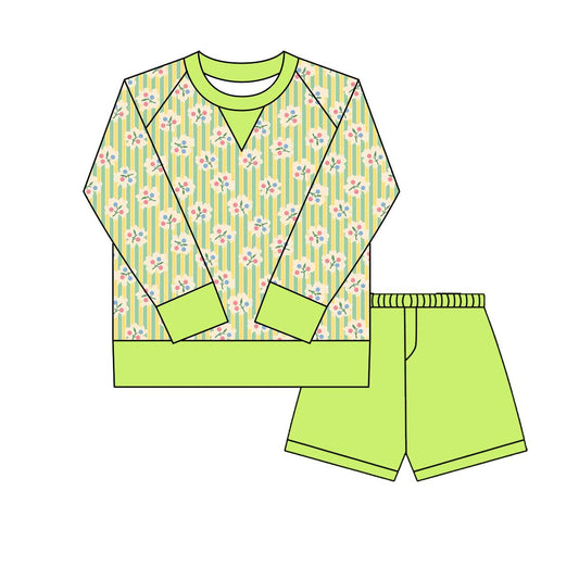 ( Moq 5 ) Preorder Girls Kids Long Sleeves Flower Stripes Shirt Green Shorts Yoga Active Set
