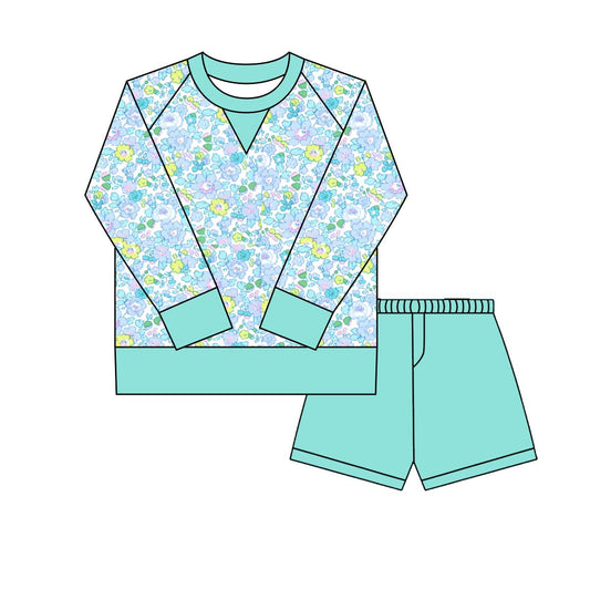 ( Moq 5 ) Preorder Girls Kids Long Sleeves Flower Shirt Green Shorts Yoga Active Set