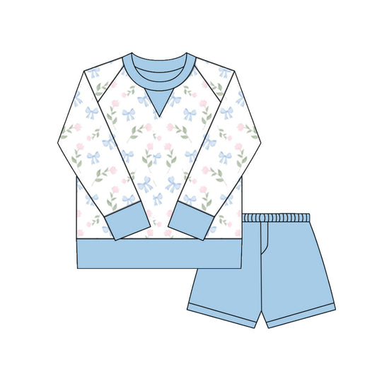 ( Moq 5 ) Preorder Girls Kids Long Sleeves Bows Floral Shirt Blue Shorts Yoga Active Set