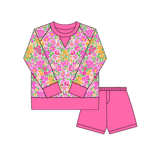 ( Moq 5 ) Preorder Girls Kids Long Sleeves Flower Shirt Hot Pink Shorts Yoga Active Set