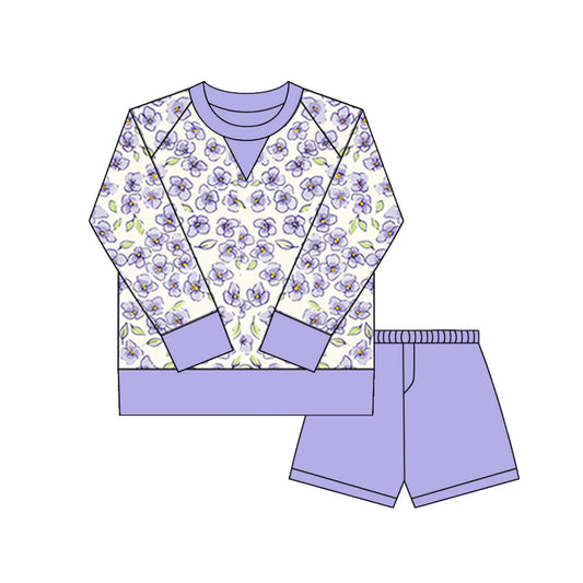 ( Moq 5 ) Preorder Girls Kids Long Sleeves Purple Flower Shirt Shorts Yoga Active Set