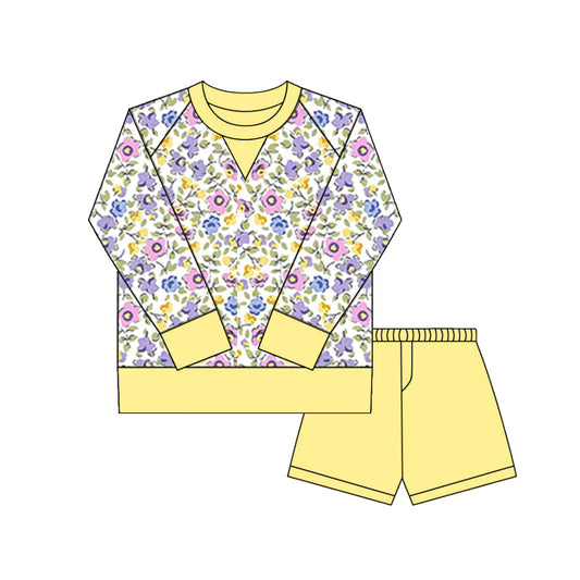 ( Moq 5 ) Preorder Girls Kids Long Sleeves Flower Shirt Shorts Yoga Active Yellow Set