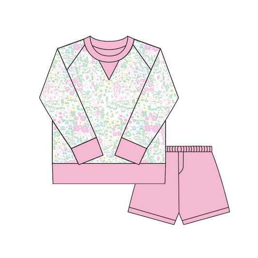 ( Moq 5 ) Preorder Girls Kids Long Sleeves Floral Shirt Pink Shorts Yoga Active Set