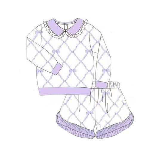 ( Moq 5 ) Preorder Baby Girls Toddler Long Sleeves Purple Bows Shirt Shorts Outfit Clothes Set