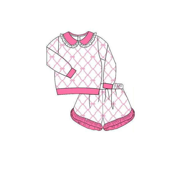 ( Moq 5 ) Preorder Baby Girls Long Sleeve Pink Bows Shirt Ruffle Shorts Clothes Set
