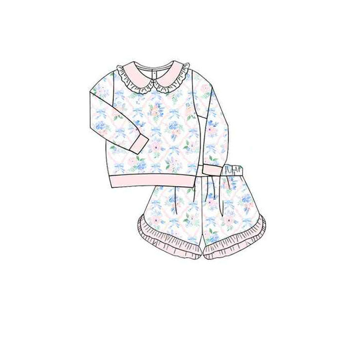 ( Moq 5 ) Preorder Baby Girls Long Sleeve Flower Bows Shirt Ruffle Shorts Clothes Set