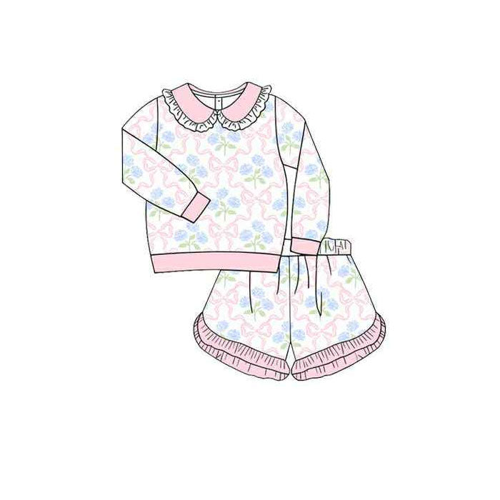 ( Moq 5 ) Preorder Baby Girls Long Sleeve Flower Pink Bows Shirt Ruffle Shorts Clothes Set