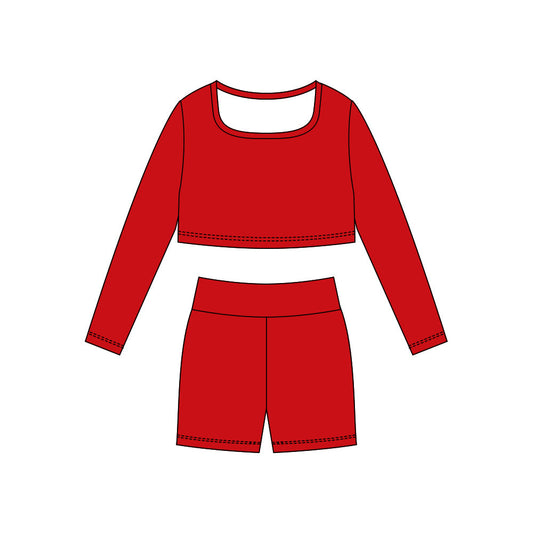 ( Moq 5 ) Preorder Baby Girls Red Long Sleeves Shirt Shorts Yoga Active Clothes Set