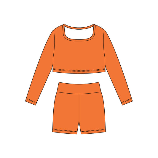 ( Moq 5 ) Preorder Baby Girls Orange Long Sleeves Shirt Shorts Yoga Active Clothes Set