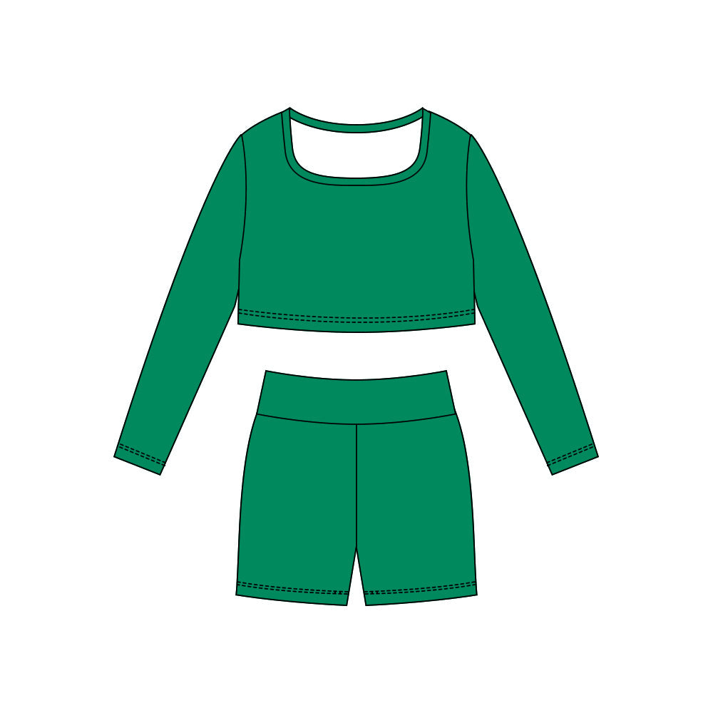 ( Moq 5 ) Preorder Baby Girls Green Long Sleeves Shirt Shorts Yoga Active Clothes Set