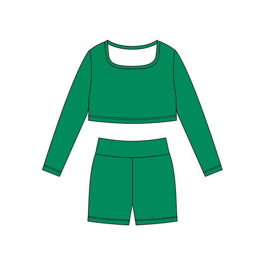 ( Moq 5 ) Preorder Baby Girls Green Long Sleeves Shirt Shorts Yoga Active Clothes Set