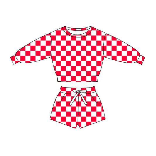 ( Moq 5 ) Preorder Baby Girls Long Sleeves Red Checked Shirt Pockets Shorts Clothes Set