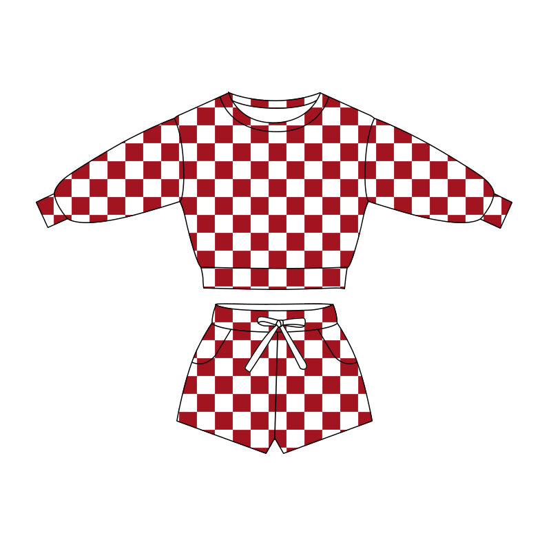 ( Moq 5 ) Preorder Baby Girls Long Sleeve Shirt Red Checked Pockets Shorts Girls Clothes Set