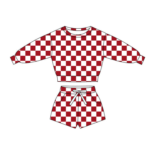 ( Moq 5 ) Preorder Baby Girls Long Sleeve Shirt Red Checked Pockets Shorts Girls Clothes Set