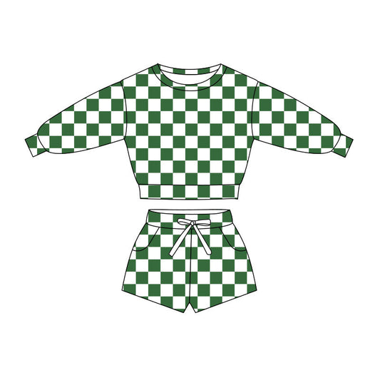 ( Moq 5 ) Preorder Baby Girls Long Sleeves Green Checked Shirt Pockets Shorts Clothes Set