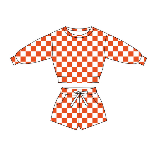 ( Moq 5 ) Preorder Baby Girls Long Sleeves Orange Checked Shirt Pockets Shorts Clothes Set