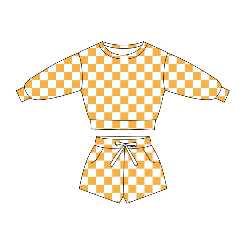 ( Moq 5 ) Preorder Baby Girls Long Sleeve Shirt Yellow Checked Pockets Shorts Girls Clothes Set