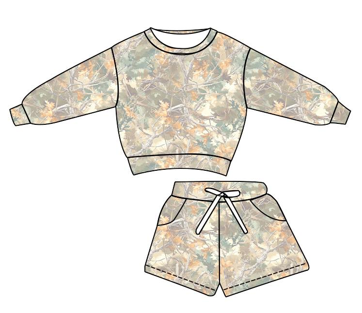 ( Moq 5 )  Preorder Baby Girls Long Sleeve Leaves Camo Tops Pockets Shorts Clothes Set