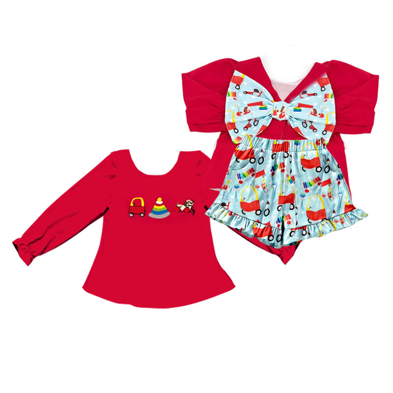 (  Moq 5 ) Preorder Baby Girls Red Long Sleeves Tops Dogs Shorts Clothes Set